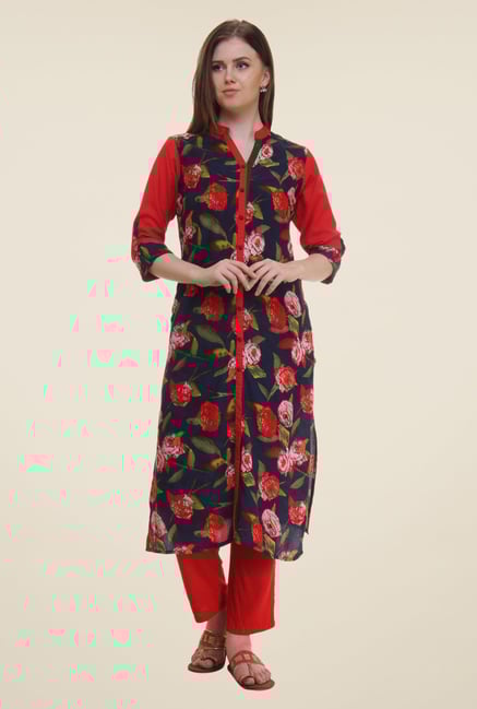 Shree Navy & Red Floral Print Rayon Kurta Shree Navy & Red Floral Print Rayon Kurta