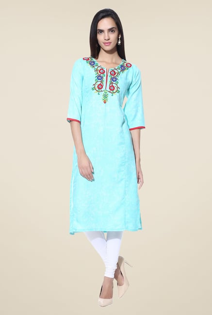 Shree Turquoise Embroidered Rayon Kurta Shree Turquoise Embroidered Rayon Kurta