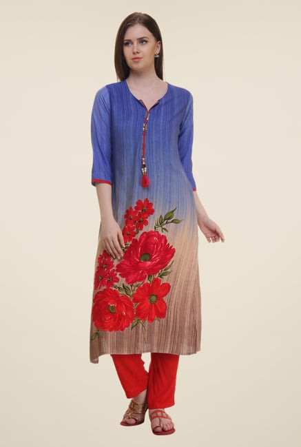 Shree Blue Floral Print Rayon Kurta Shree Blue Floral Print Rayon Kurta
