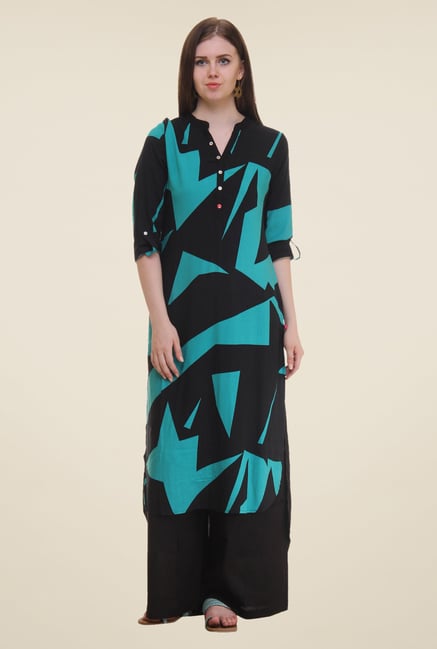 Shree Blue & Black Printed Rayon Kurta Shree Blue & Black Printed Rayon Kurta