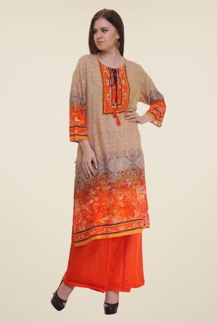 Shree Beige & Orange Printed Rayon Kurta Shree Beige & Orange Printed Rayon Kurta