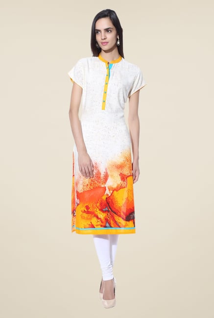 Shree Off White & Yellow Printed Rayon Kurta Shree Off White & Yellow Printed Rayon Kurta