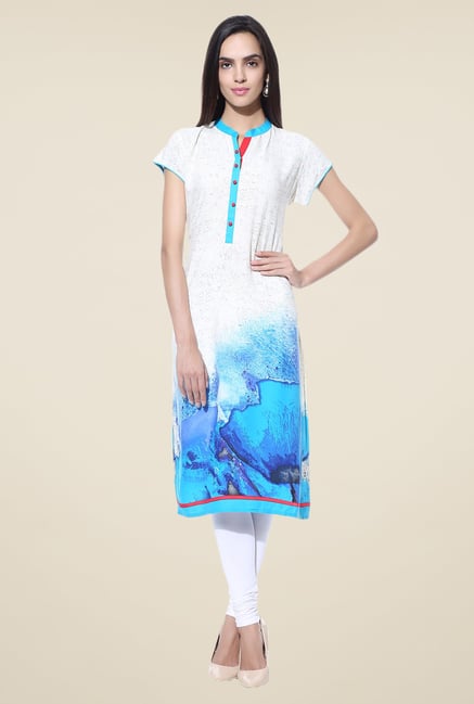 Shree Off White & Blue Printed Rayon Kurta Shree Off White & Blue Printed Rayon Kurta