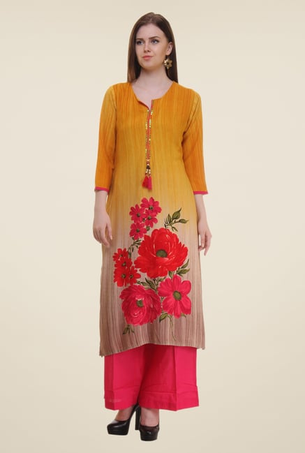 Shree Yellow Floral Print Rayon Kurta Shree Yellow Floral Print Rayon Kurta