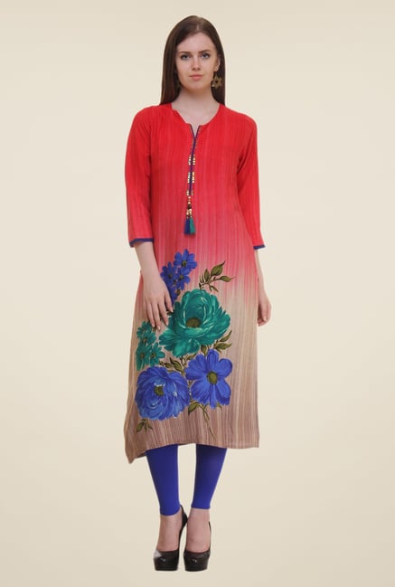 Shree Red Floral Print Rayon Kurta Shree Red Floral Print Rayon Kurta