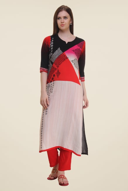 Shree Beige & Red Printed Rayon Kurta Shree Beige & Red Printed Rayon Kurta