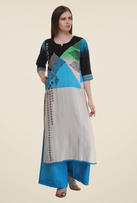 Shree Beige & Blue Printed Rayon Kurta Shree Beige & Blue Printed Rayon Kurta