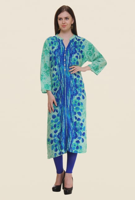 Shree Green & Blue Printed Rayon Kurta Shree Green & Blue Printed Rayon Kurta