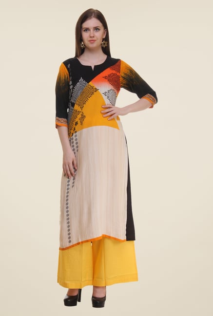 Shree Beige & Yellow Printed Rayon Kurta Shree Beige & Yellow Printed Rayon Kurta