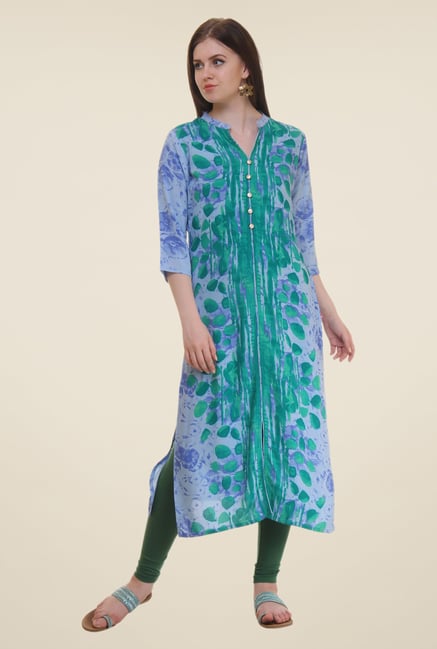 Shree Blue & Green Printed Rayon Kurta Shree Blue & Green Printed Rayon Kurta