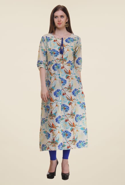 Shree Blue & Beige Floral Print Cotton Kurta Shree Blue & Beige Floral Print Cotton Kurta