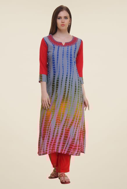 Shree Blue & Red Printed Rayon Kurta Shree Blue & Red Printed Rayon Kurta