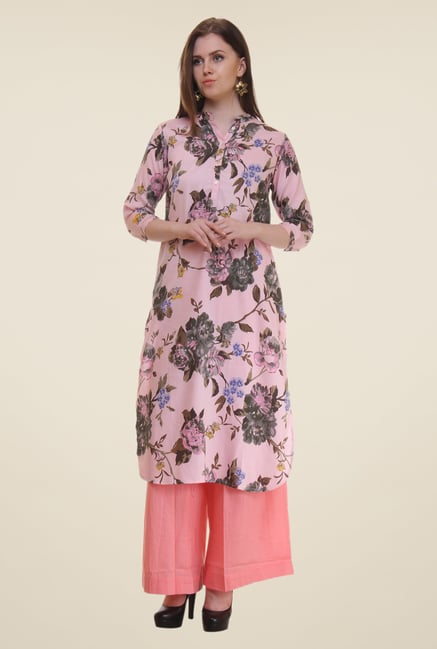 Shree Light Pink & Grey Floral Print Polyester Kurta Shree Light Pink & Grey Floral Print Polyester Kurta