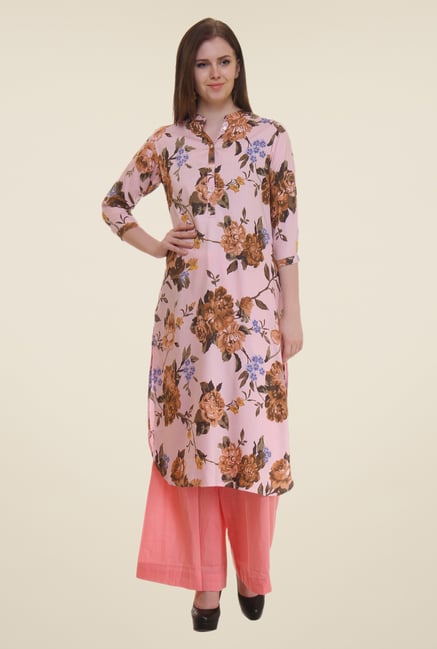 Shree Light Pink & Brown Floral Print Polyester Kurta Shree Light Pink & Brown Floral Print Polyester Kurta