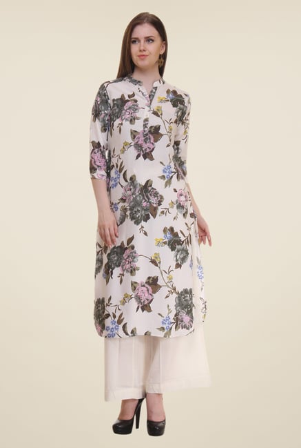 Shree Cream & Brown Floral Print Polyester Kurta Shree Cream & Brown Floral Print Polyester Kurta