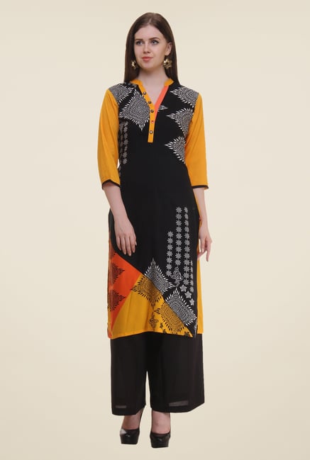 Shree Black & Yellow Printed Rayon Kurta Shree Black & Yellow Printed Rayon Kurta