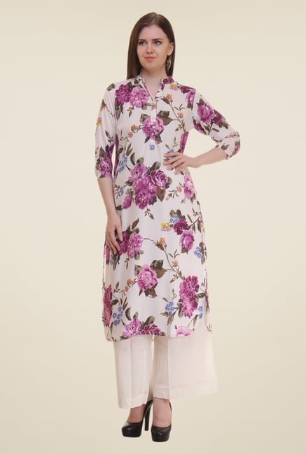 Shree Cream & Purple Floral Print Polyester Kurta Shree Cream & Purple Floral Print Polyester Kurta
