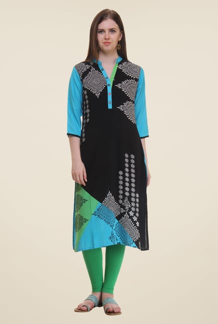 Shree Black & Blue Printed Rayon Kurta Shree Black & Blue Printed Rayon Kurta