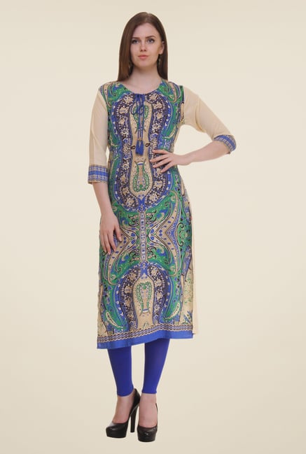 Shree Beige & Blue Printed Rayon Kurta Shree Beige & Blue Printed Rayon Kurta