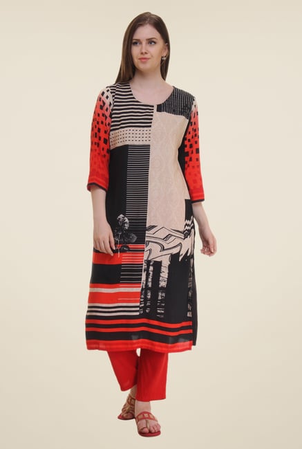 Shree Red & Black Printed Rayon Kurta Shree Red & Black Printed Rayon Kurta