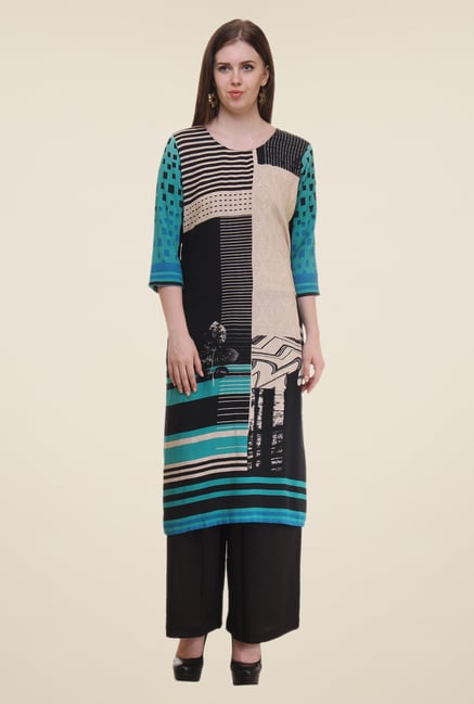 Shree Turquoise & Black Printed Rayon Kurta Shree Turquoise & Black Printed Rayon Kurta