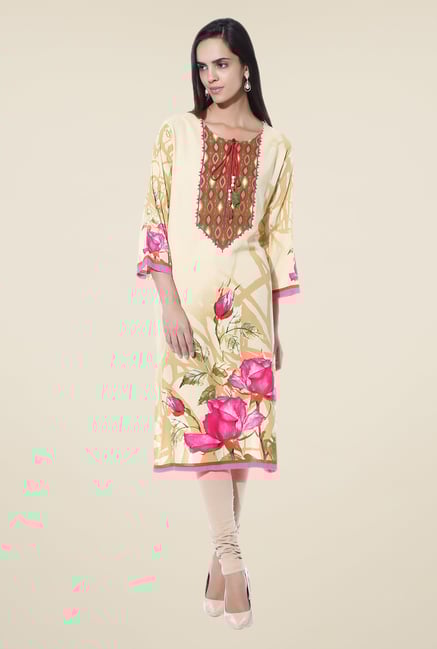 Shree Beige & Pink Printed Rayon Kurta Shree Beige & Pink Printed Rayon Kurta