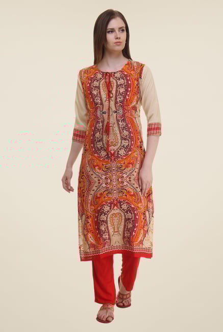 Shree Beige & Orange Printed Rayon Kurta Shree Beige & Orange Printed Rayon Kurta