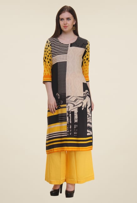 Shree Yellow & Black Printed Rayon Kurta Shree Yellow & Black Printed Rayon Kurta