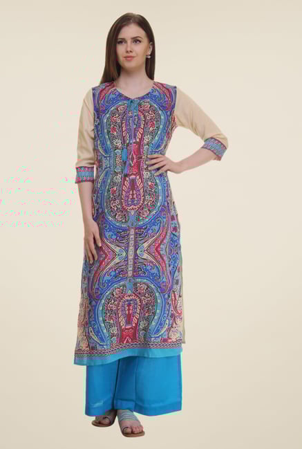 Shree Beige & Pink Printed Rayon Kurta Shree Beige & Pink Printed Rayon Kurta