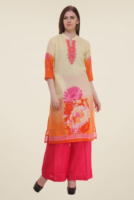 Shree Beige & Orange Printed Flex Blend Kurta Shree Beige & Orange Printed Flex Blend Kurta