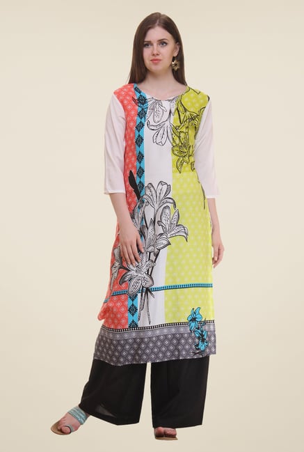 Shree Off White & Yellow Floral Print Rayon Kurta Shree Off White & Yellow Floral Print Rayon Kurta