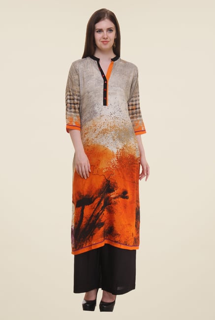 Shree Grey & Orange Printed Rayon Kurta Shree Grey & Orange Printed Rayon Kurta