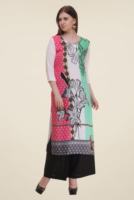 Shree Off White & Pink Floral Print Rayon Kurta Shree Off White & Pink Floral Print Rayon Kurta
