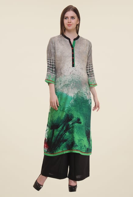 Shree Grey & Green Printed Rayon Kurta Shree Grey & Green Printed Rayon Kurta