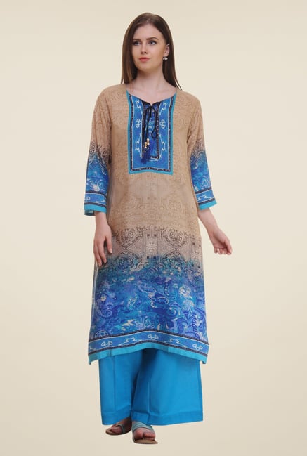 Shree Beige & Blue Printed Rayon Kurta Shree Beige & Blue Printed Rayon Kurta