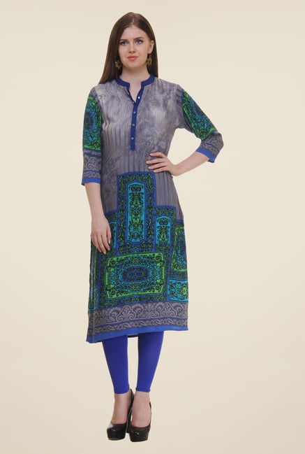Shree Grey & Blue Printed Rayon Kurta Shree Grey & Blue Printed Rayon Kurta