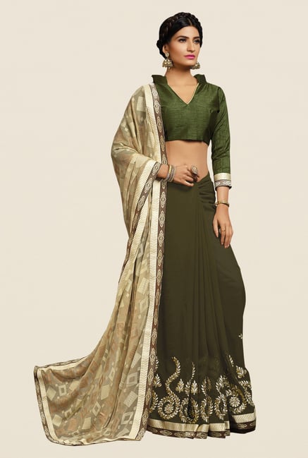 Shonaya Olive & Beige Georgette Embroidered Saree Shonaya Olive & Beige Georgette Embroidered Saree