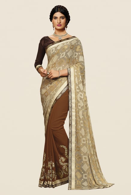 Shonaya Brown & Beige Georgette Embroidered Saree Shonaya Brown & Beige Georgette Embroidered Saree