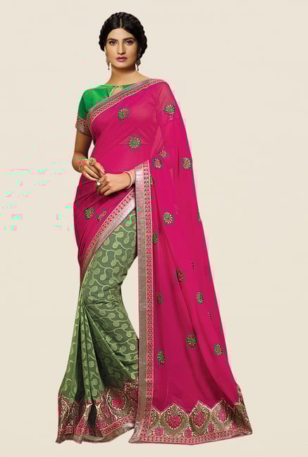 Shonaya Green & Pink Georgette Embroidered Saree Shonaya Green & Pink Georgette Embroidered Saree