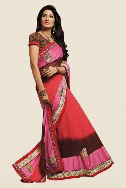 Shonaya Coral & Brown Georgette Embroidered Saree Shonaya Coral & Brown Georgette Embroidered Saree