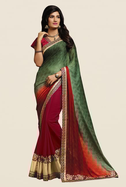 Shonaya Red & Green Georgette Embroidered Saree Shonaya Red & Green Georgette Embroidered Saree