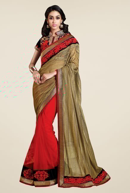Shonaya Red & Gold Faux Georgette & Net Embroidered Saree Shonaya Red & Gold Faux Georgette & Net Embroidered Saree