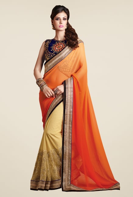 Shonaya Beige & Orange Net & Georgette Solid Saree Shonaya Beige & Orange Net & Georgette Solid Saree