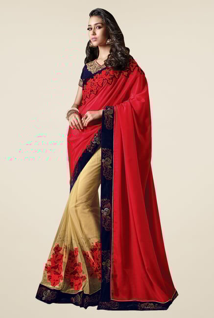 Shonaya Beige & Red Net & Chiffon Embroidered Saree Shonaya Beige & Red Net & Chiffon Embroidered Saree