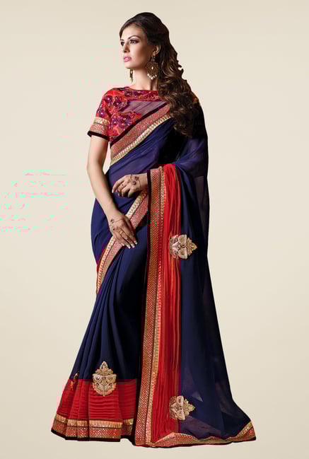 Shonaya Navy & Red Georgette Embroidered Saree Shonaya Navy & Red Georgette Embroidered Saree