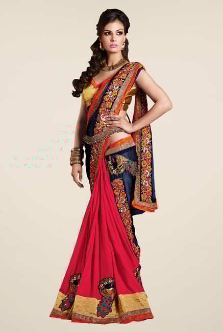 Shonaya Pink & Navy Faux Georgette Embroidered Saree Shonaya Pink & Navy Faux Georgette Embroidered Saree