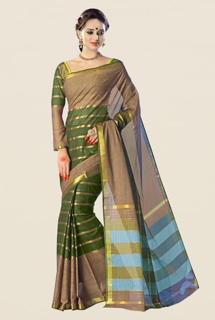 Shonaya Green & Khaki Cotton Silk Striped Saree Shonaya Green & Khaki Cotton Silk Striped Saree