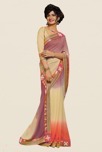 Shonaya Beige & Purple Georgette Embroidered Saree Shonaya Beige & Purple Georgette Embroidered Saree