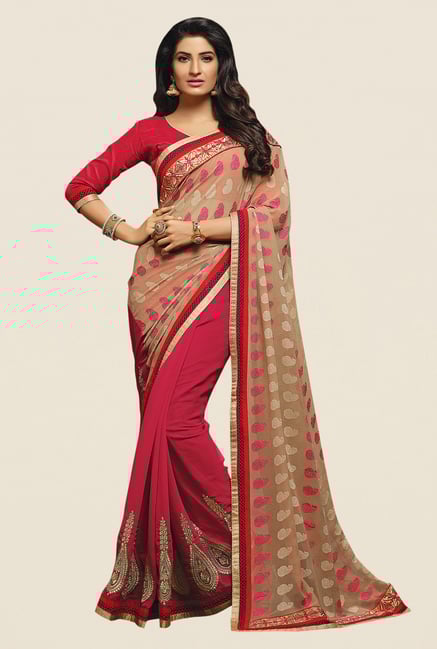 Shonaya Pink & Beige Georgette Paisley Print Saree Shonaya Pink & Beige Georgette Paisley Print Saree