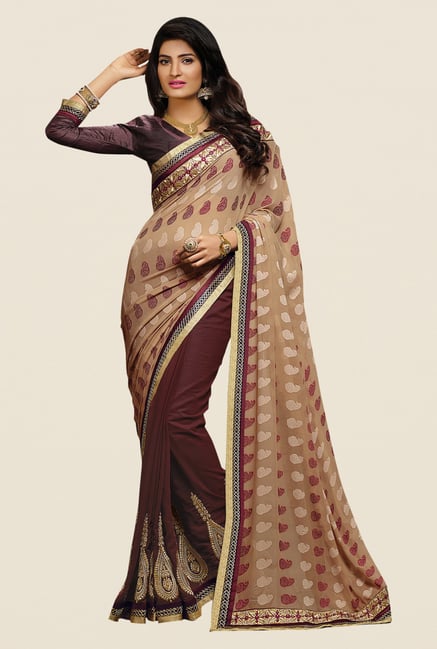Shonaya Wine & Beige Georgette Paisley Print Saree Shonaya Wine & Beige Georgette Paisley Print Saree